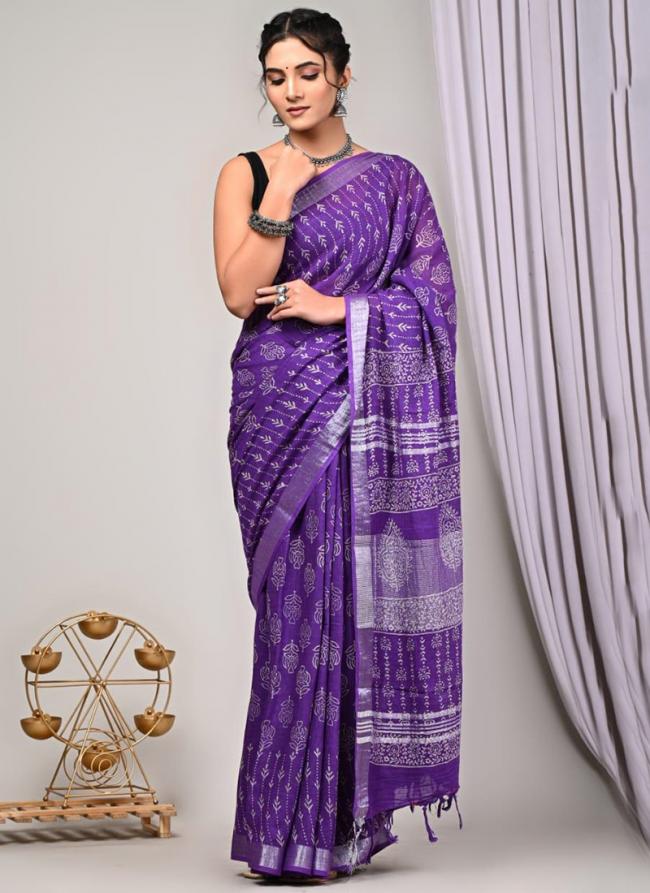 Pure Linen Cotton Purple Casual Wear Pure Hand Work Saree